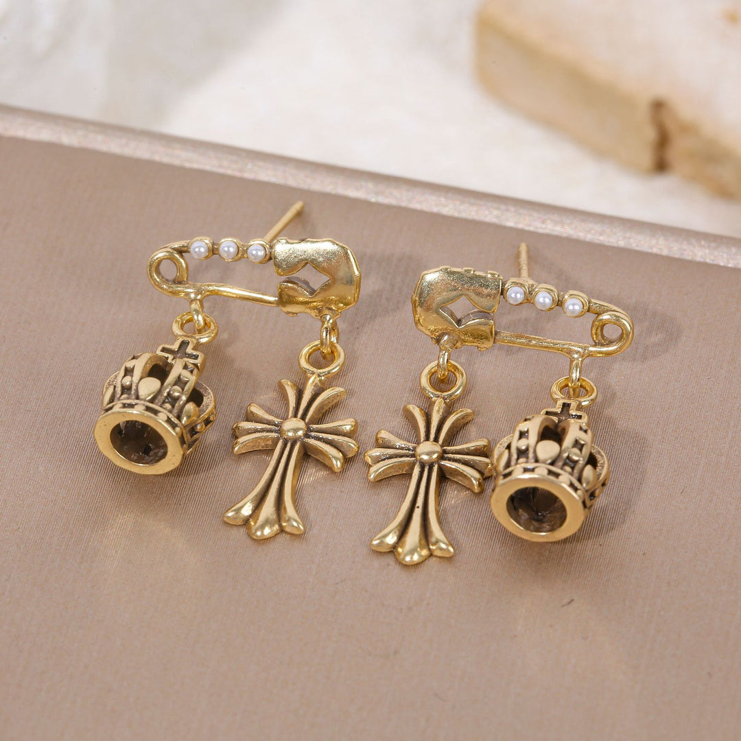 Chrome Hearts-Inspired Safety Pin Cross & Crown Earrings