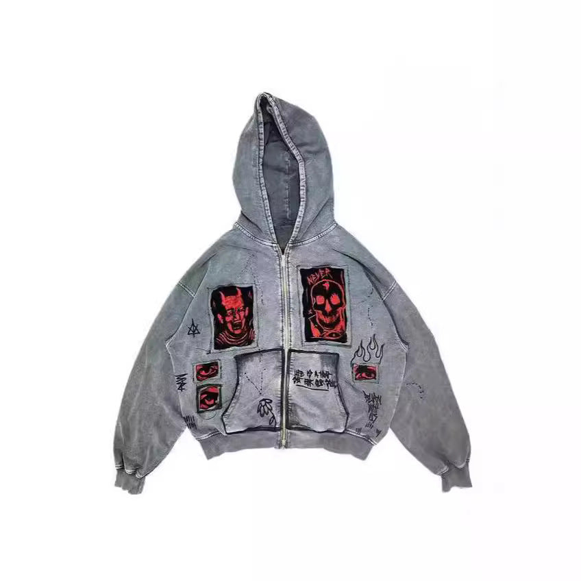 Y2K Retro Hoodie with Devil Print and Appliqué