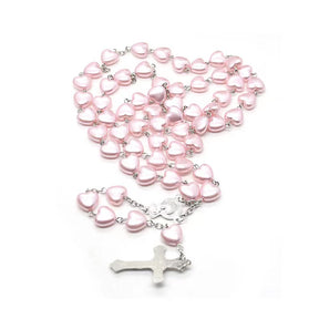 Heart-shaped pink rosary necklace