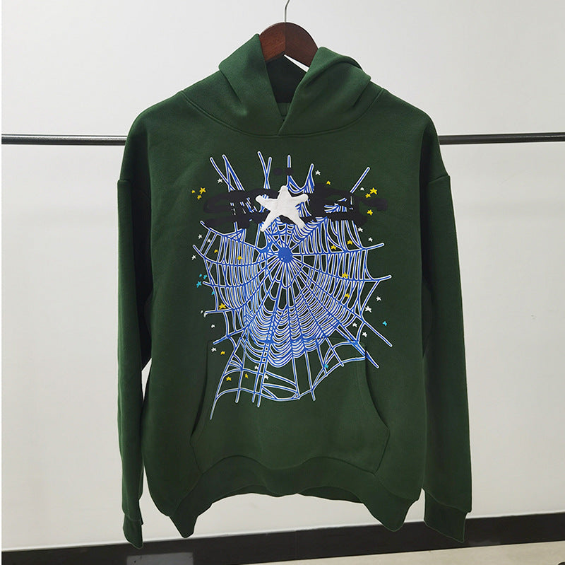 Sp5der fleece-lined hoodie with spiderweb print.