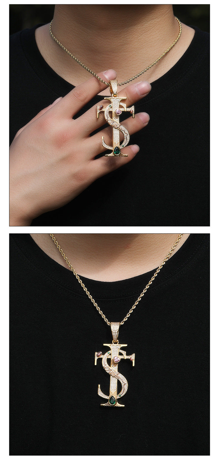 Hip-hop colored zircon TS cross necklace