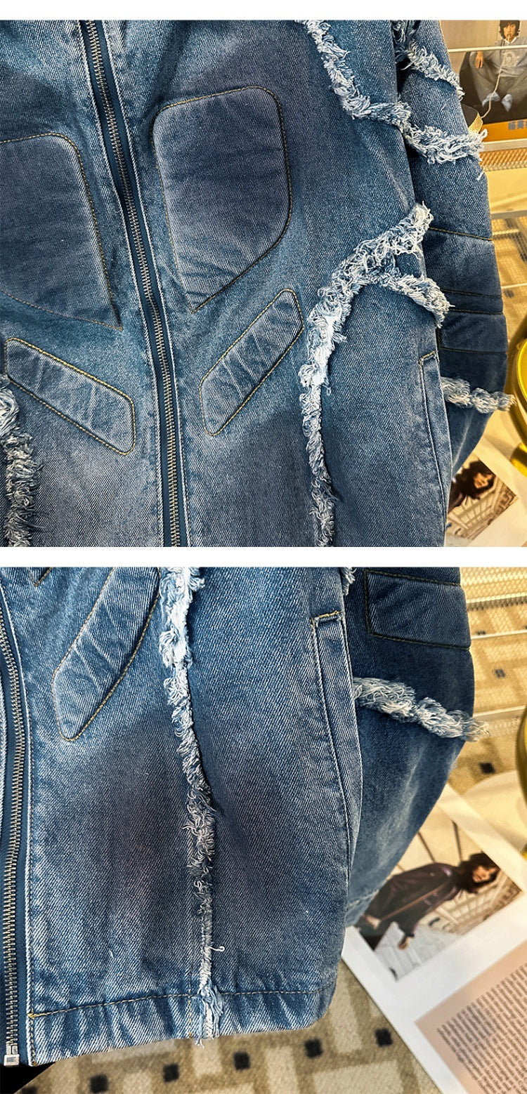 Embossed Raw-Hem Padded-Shoulder Denim Jacket