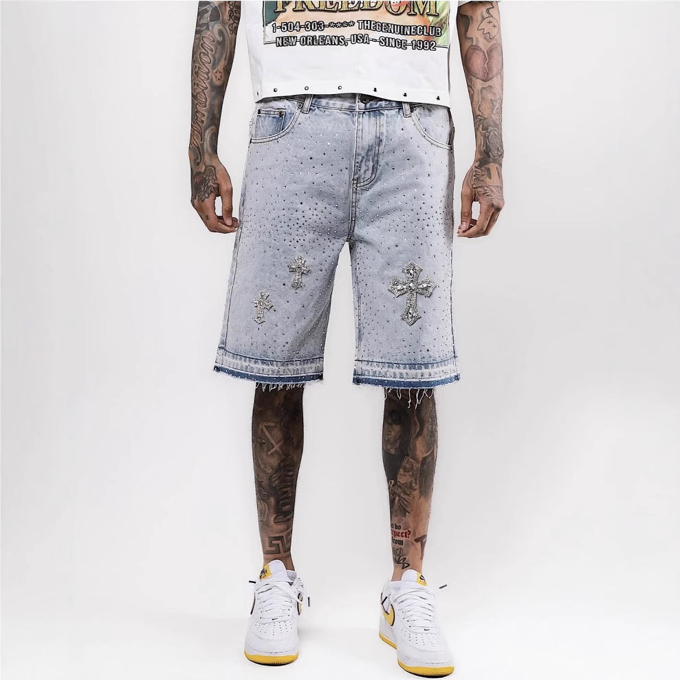 Hot-rhine cross five-point washed denim shorts