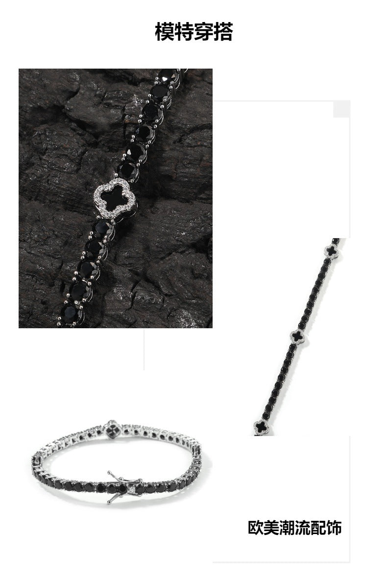 Silver Black Four-Leaf Clover Buckle Bracelet
