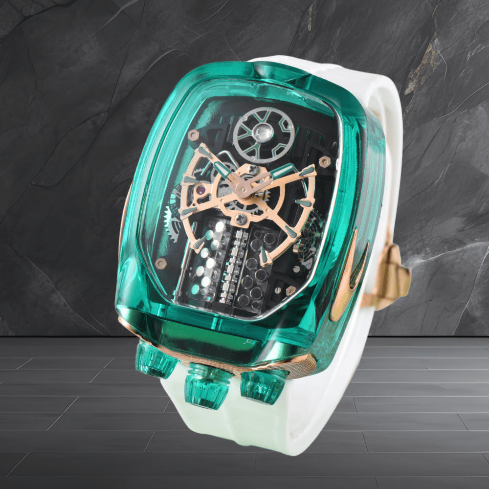 W16 Engine-Style Watch with Sparkling Transparent Crystal Case