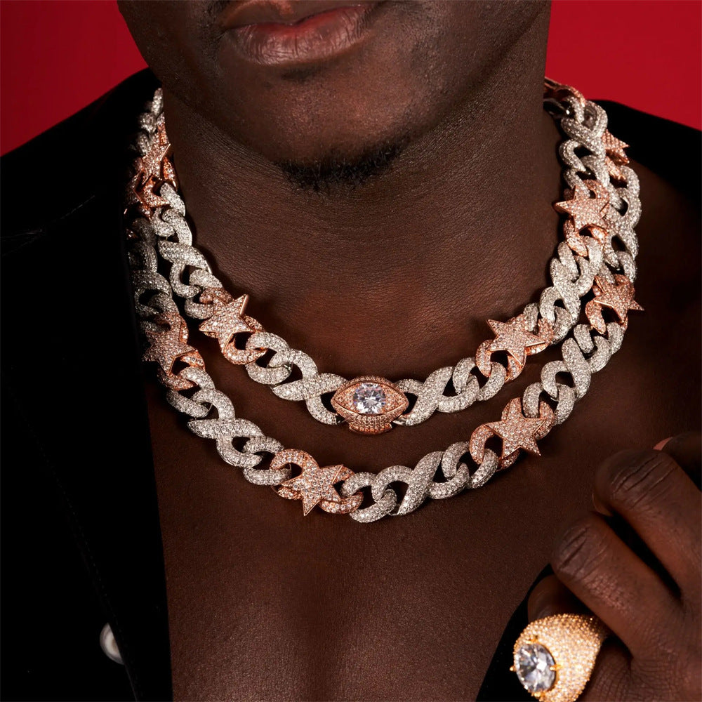 Hip-hop figure-eight Cuban chain two-tone star and eye pendant