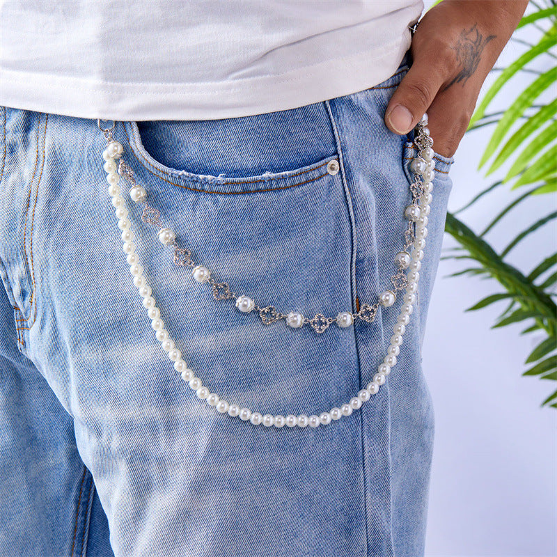 Multi-Color Gemstone, Pearl, and Cross Punk Waist Chain
