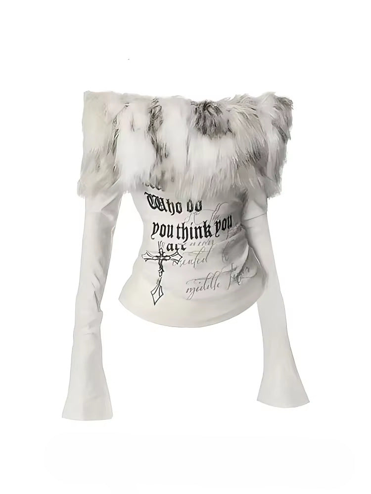 Hot Girl Fur Collar Off-Shoulder Long-Sleeve T-Shirt for Women