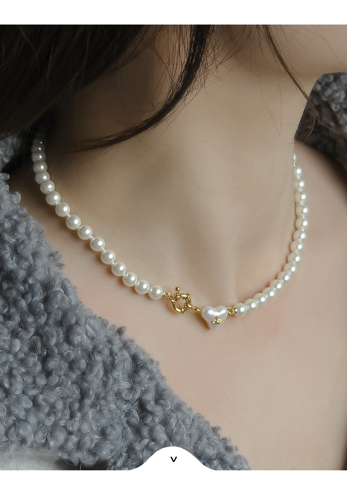 Women's retro heart pearl necklace clavicle chain