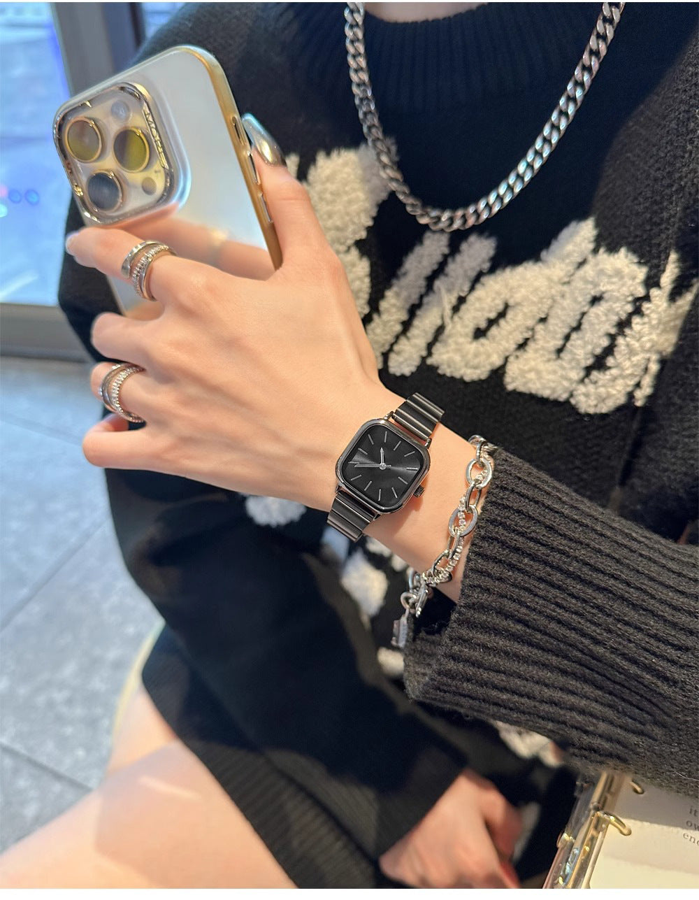 Bamboo-shaped strap artistic square dial women's watch
