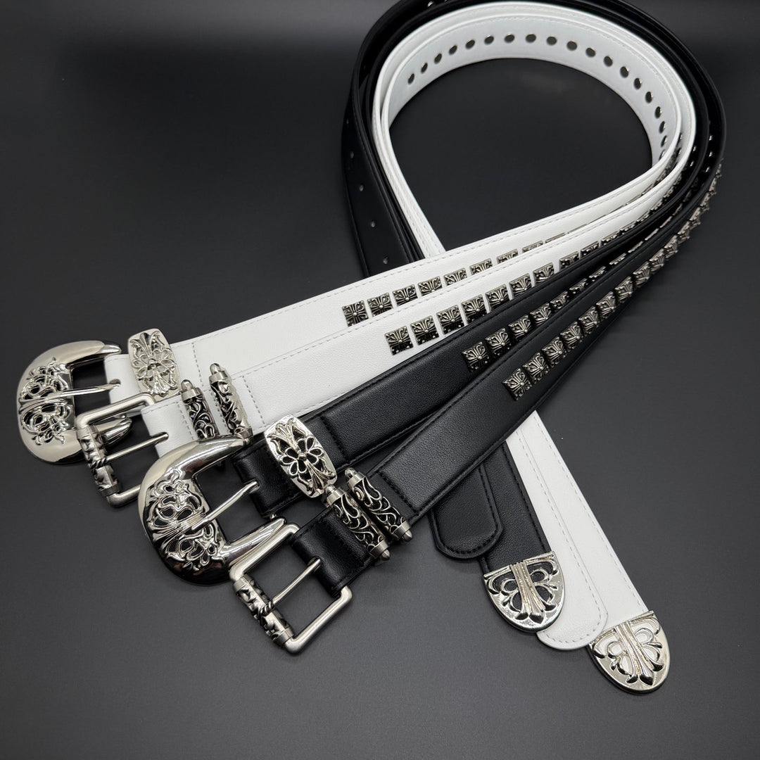 Chrome Hearts cross studded hollowed-out pin buckle leather belt.