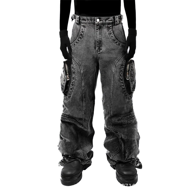 Black Ripped Zipper Pants, Cargo Pants