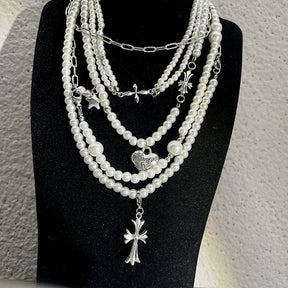 Cross heart star pearl necklace