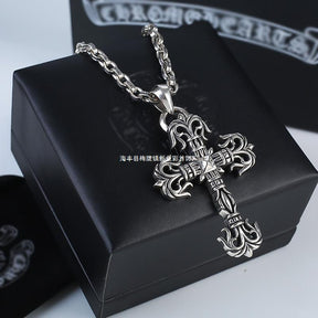 Chrome hearts punk flame pendant Roman cross necklace