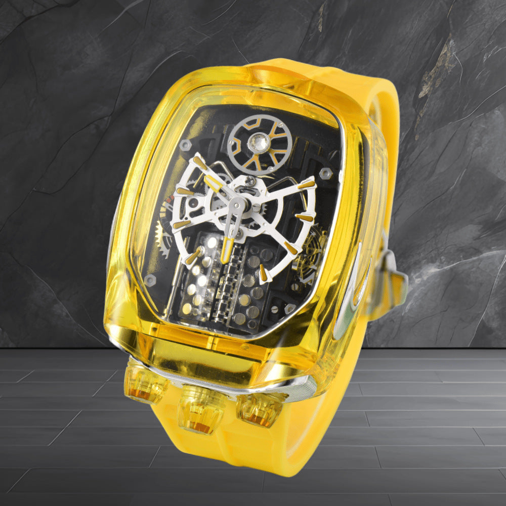 W16 Engine-Style Watch with Sparkling Transparent Crystal Case