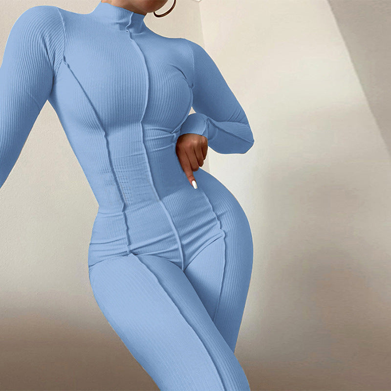 Women's high collar tight high waist casual solid color sports jumpsuit for women