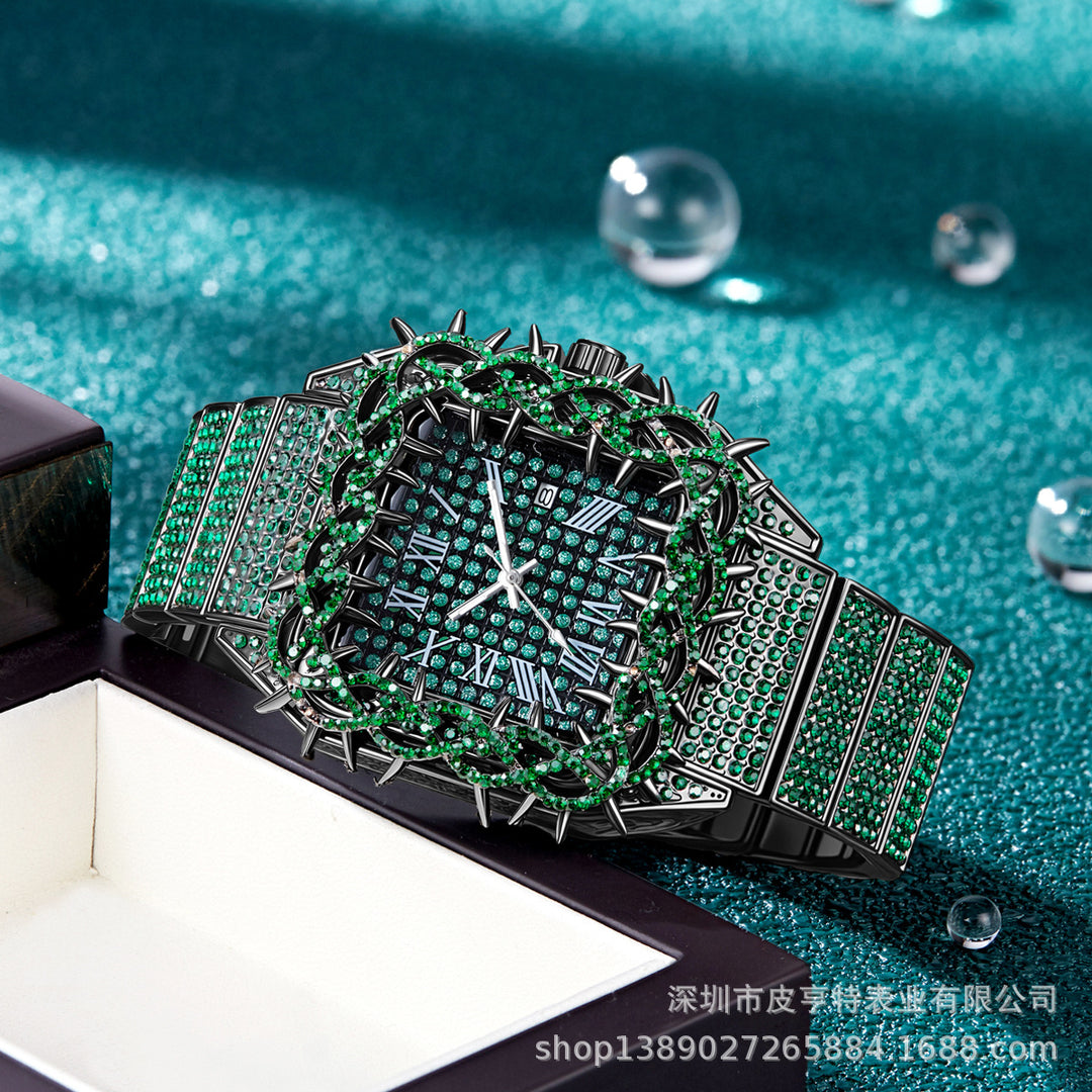 Square spiky dial, full diamond quartz watch