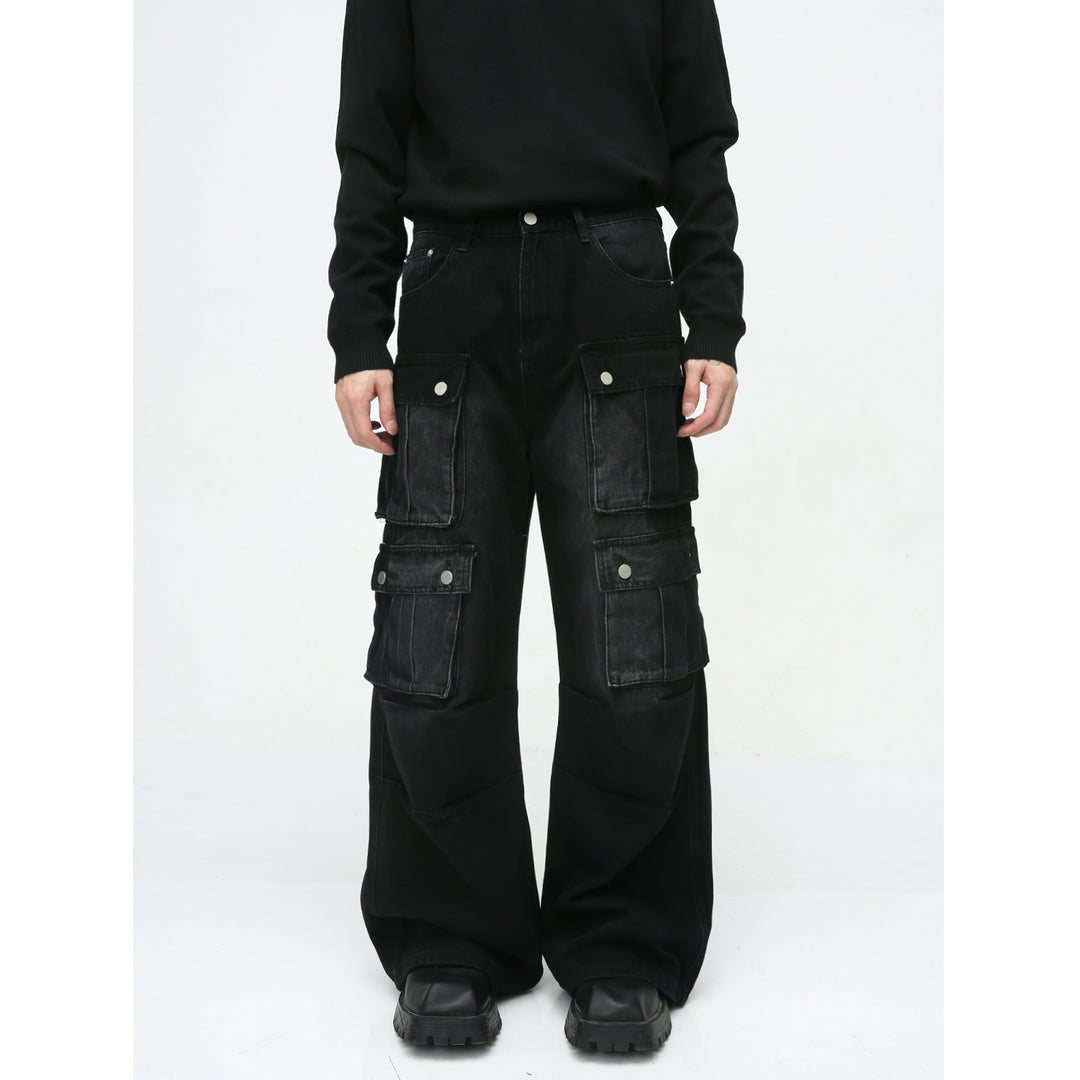 Heavy-Duty Retro Multi-Pocket Cargo-Style Wide-Leg Jeans