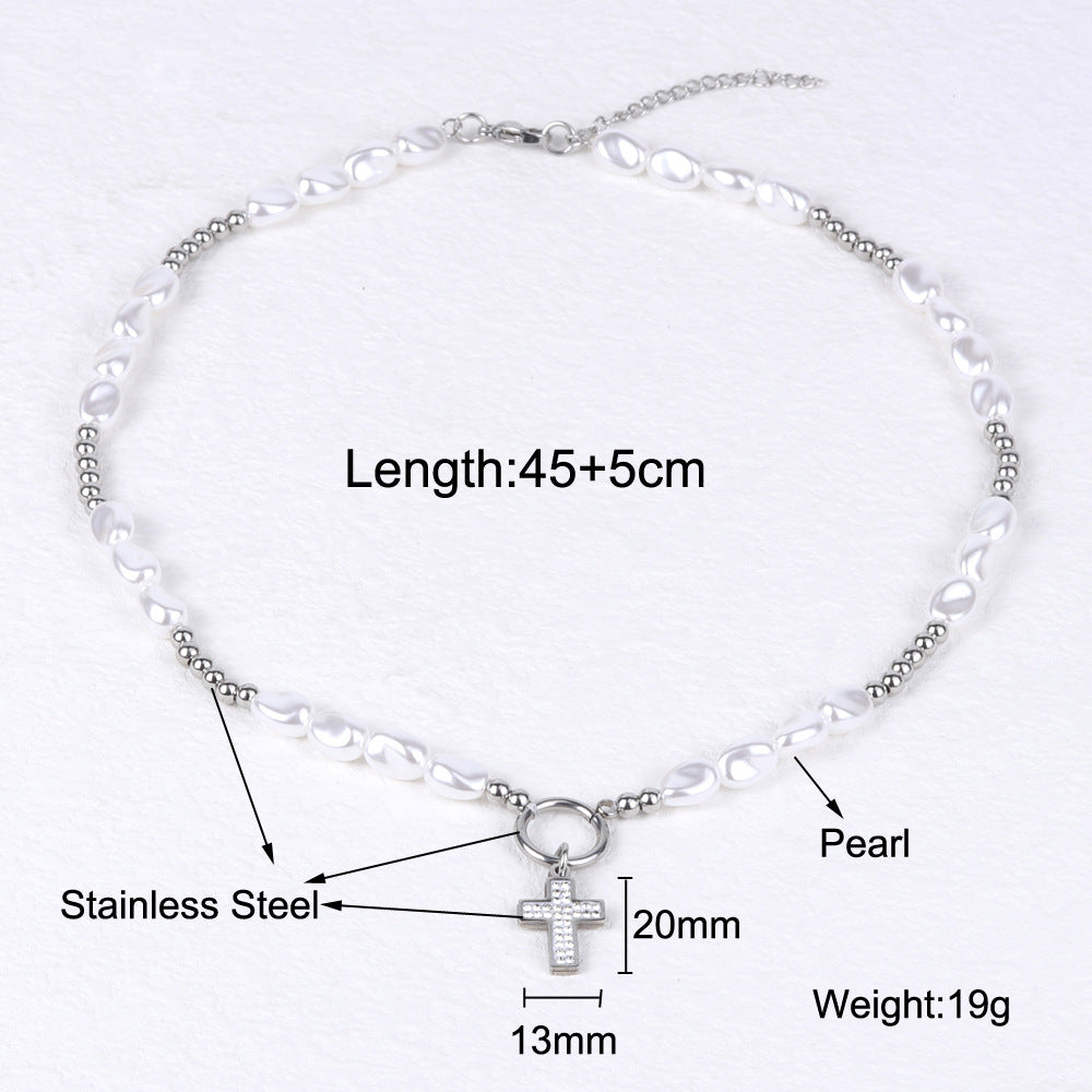 round pearl titanium steel cross necklace