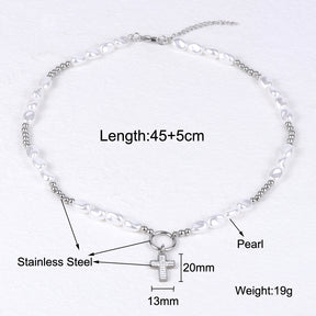 round pearl titanium steel cross necklace