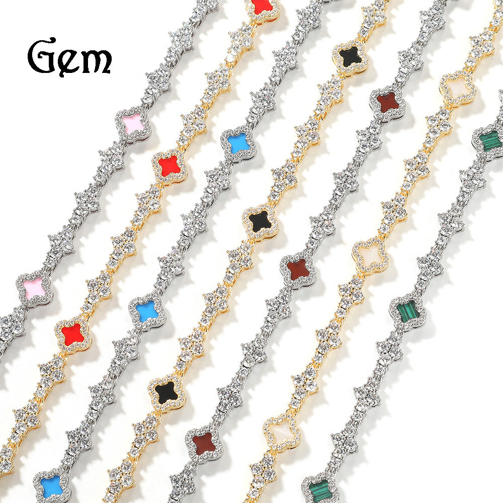 Four-Leaf Clover Airplane Charm Zirconia Tennis Chain Bracelet