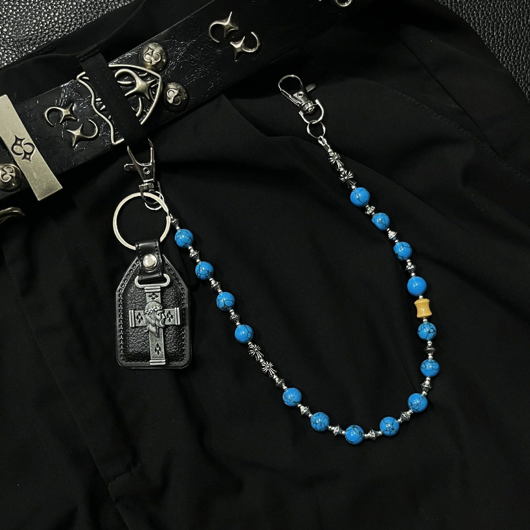 Handcrafted Vintage Blue Cracked Stone Cross Waist Chain