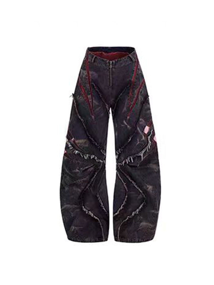 Frayed hem patchwork cutaway jeans