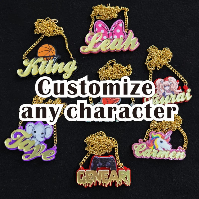 Personalised Kids Pendants acrylic Any Cartoon Character Nameplate Necklaces