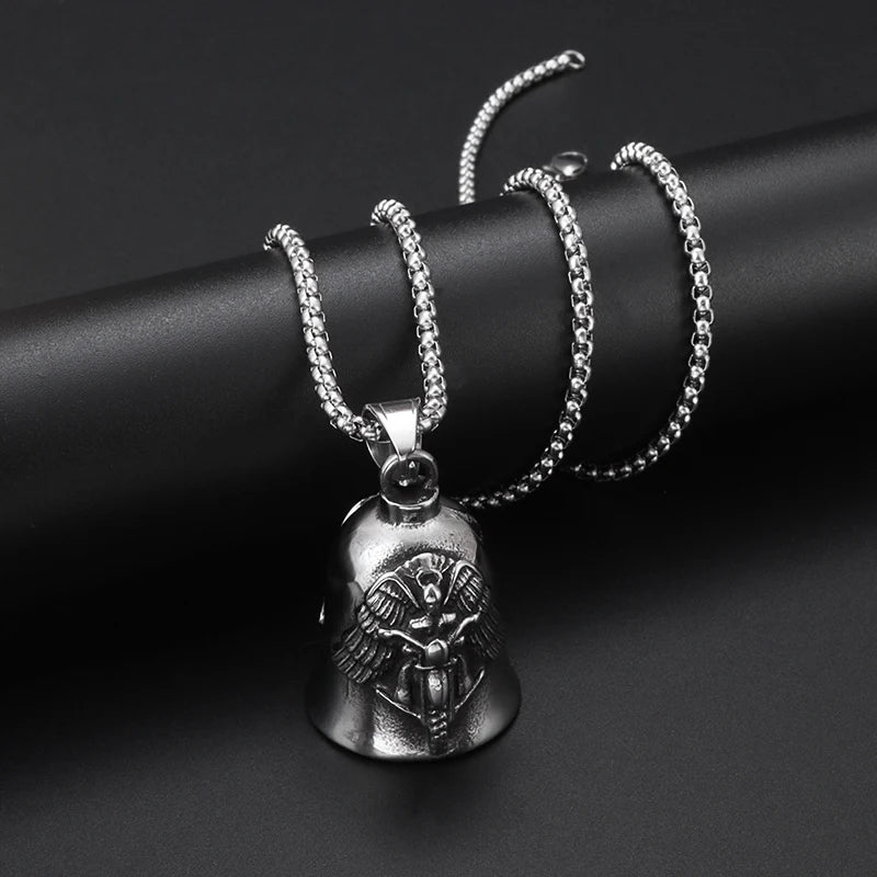 Red Cross Silver-Plated Wings Motorcycle Bell Pendant Necklace