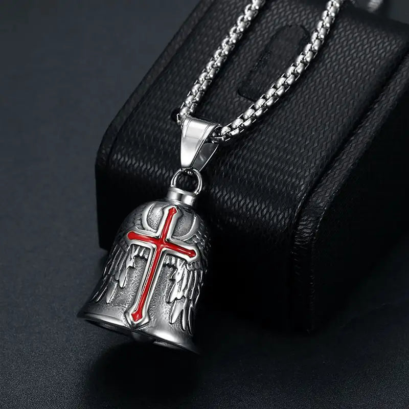 Red Cross Silver-Plated Wings Motorcycle Bell Pendant Necklace