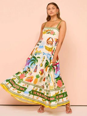 Beach Spaghetti Strap Long Dress Printed Backless Sleeveless Drawstring Dress