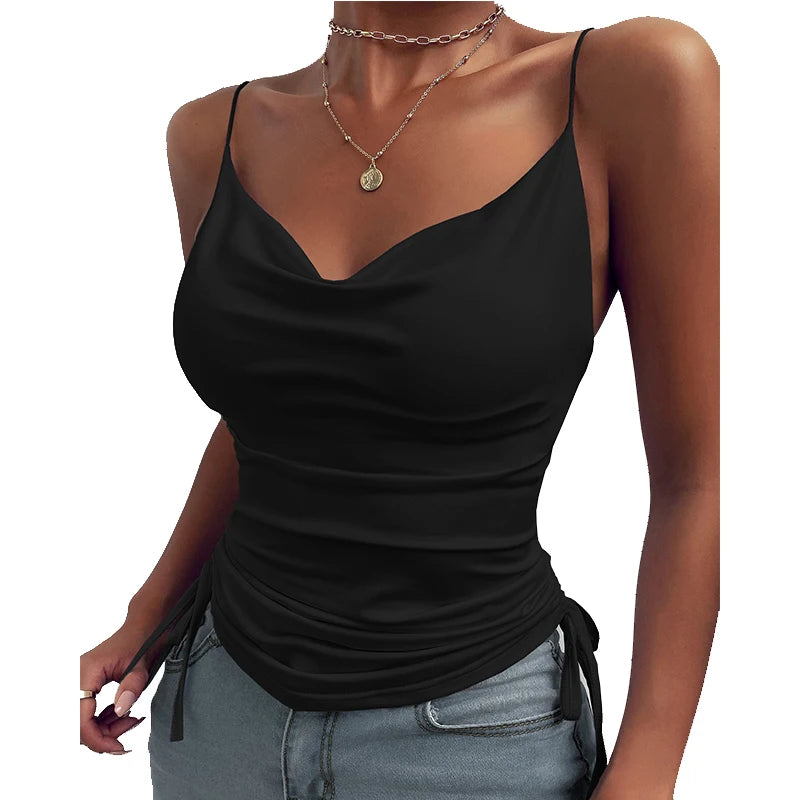 Tank Top V Neck Camisole Cami Drawstring Spaghetti Strap Top