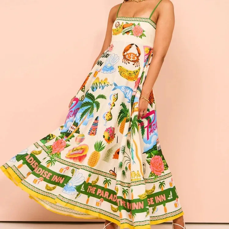 Beach Spaghetti Strap Long Dress Printed Backless Sleeveless Drawstring Dress