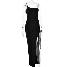 Drawstring High Slit Shoulder Slim Elastic Maxi Bodycon Dress