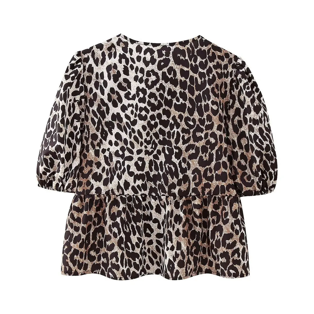 Leopard Blouse Puff Sleeve Crop Top Women's Summer Clothing