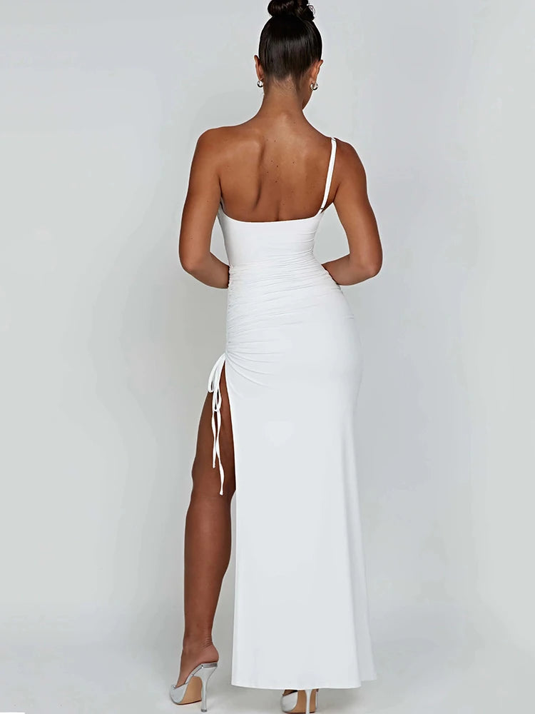 Drawstring High Slit Shoulder Slim Elastic Maxi Bodycon Dress