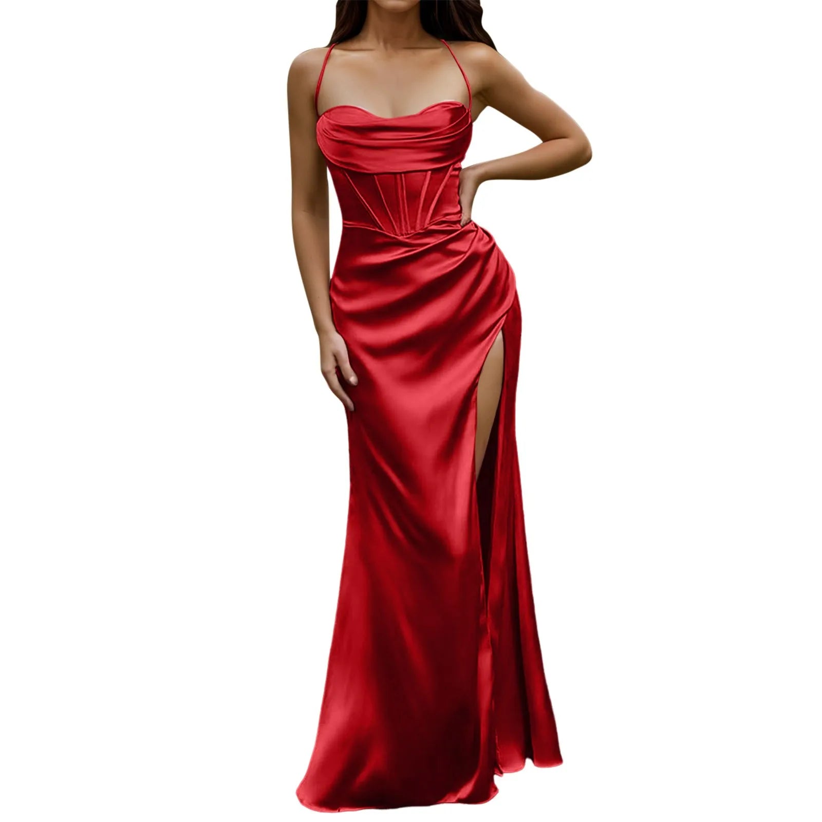 Spaghetti Strap Satin Corset Fishbone Push Up Bodycon Party Long Dress