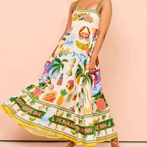 Beach Spaghetti Strap Long Dress Printed Backless Sleeveless Drawstring Dress