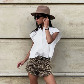 Leopard Print Shorts Women Denim Short Pants