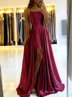 Spaghetti Straps Leg Slit Satin Maxi Dresses for Female Casual Party