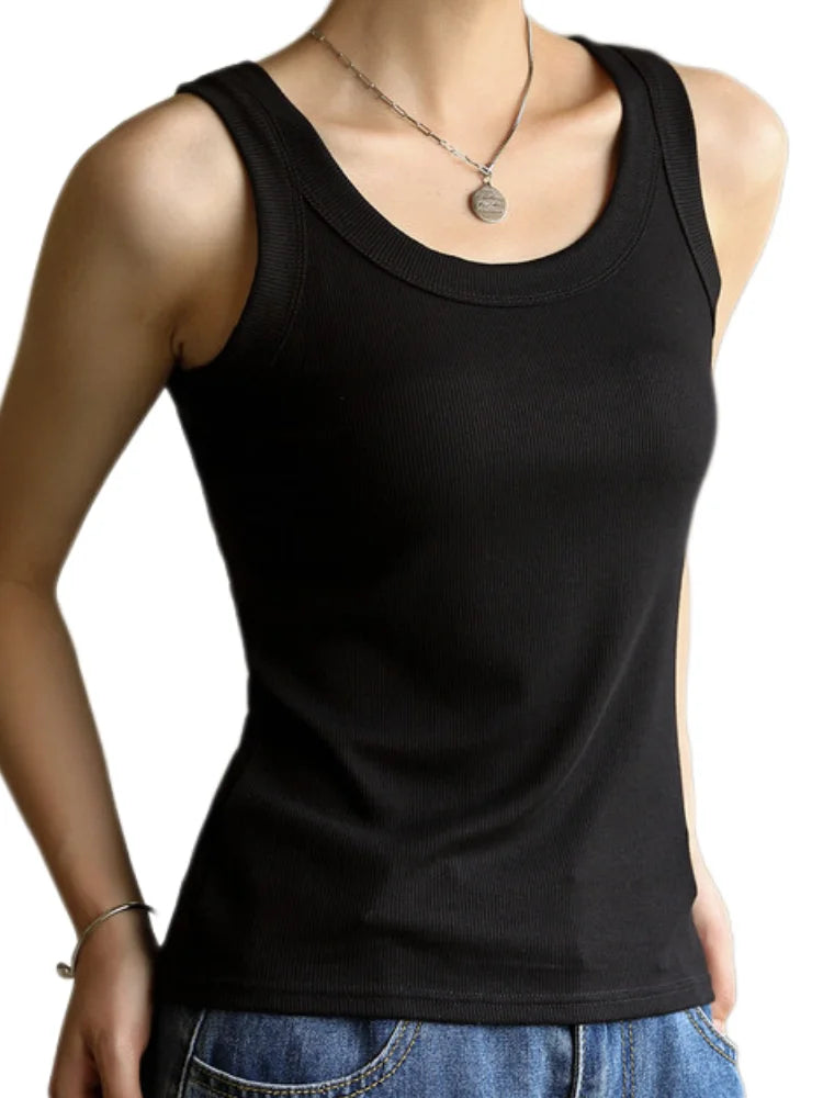 Women Ribbed Tank Top Solid Sleeveless Round Neck Top