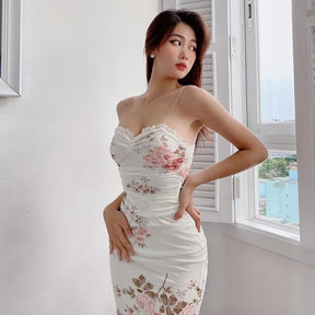 Elegant Flower Print Suspender Dress Women Fashion Off Shoulder Backless Midi Dresses