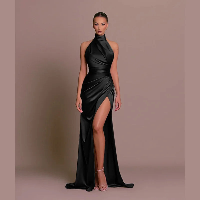 Satin Sleeveless Backless Halter Side Slit Sexy Elegant Maxi Dress