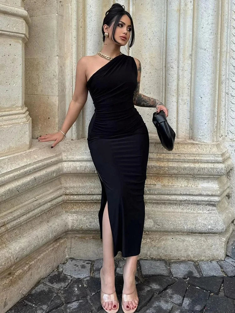 Solid Sleeveless Backless Slim Dress Female Off Shoulder Club Elegant Party Dress