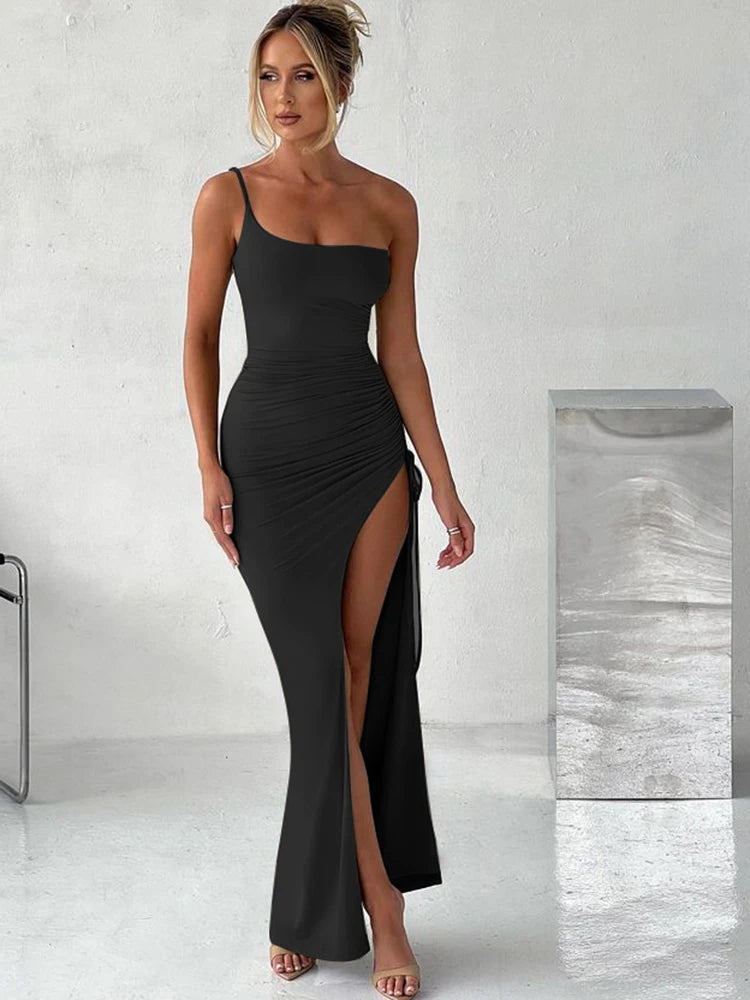 Drawstring High Slit Shoulder Slim Elastic Maxi Bodycon Dress