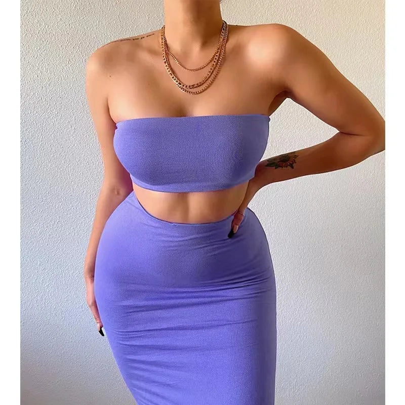 Long Skirt Sets Strapless Tube Top Bodycon Two Piece Outfit Summer Clothing