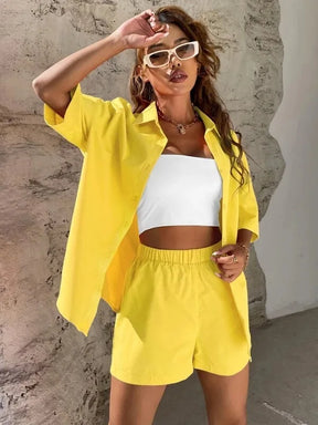 Summer Single breasted Top Broad legged Shorts Set Solid Suits