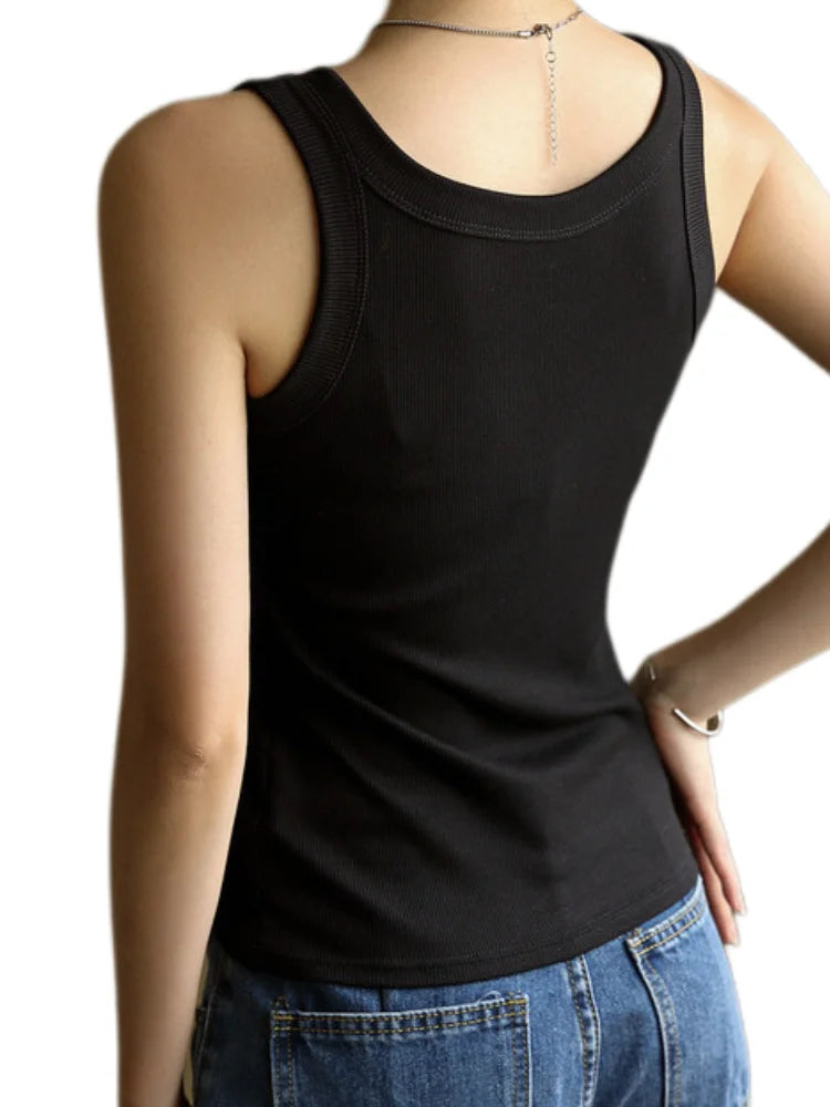 Women Ribbed Tank Top Solid Sleeveless Round Neck Top