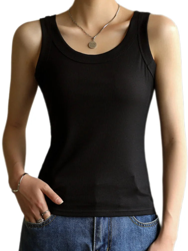 Women Ribbed Tank Top Solid Sleeveless Round Neck Top