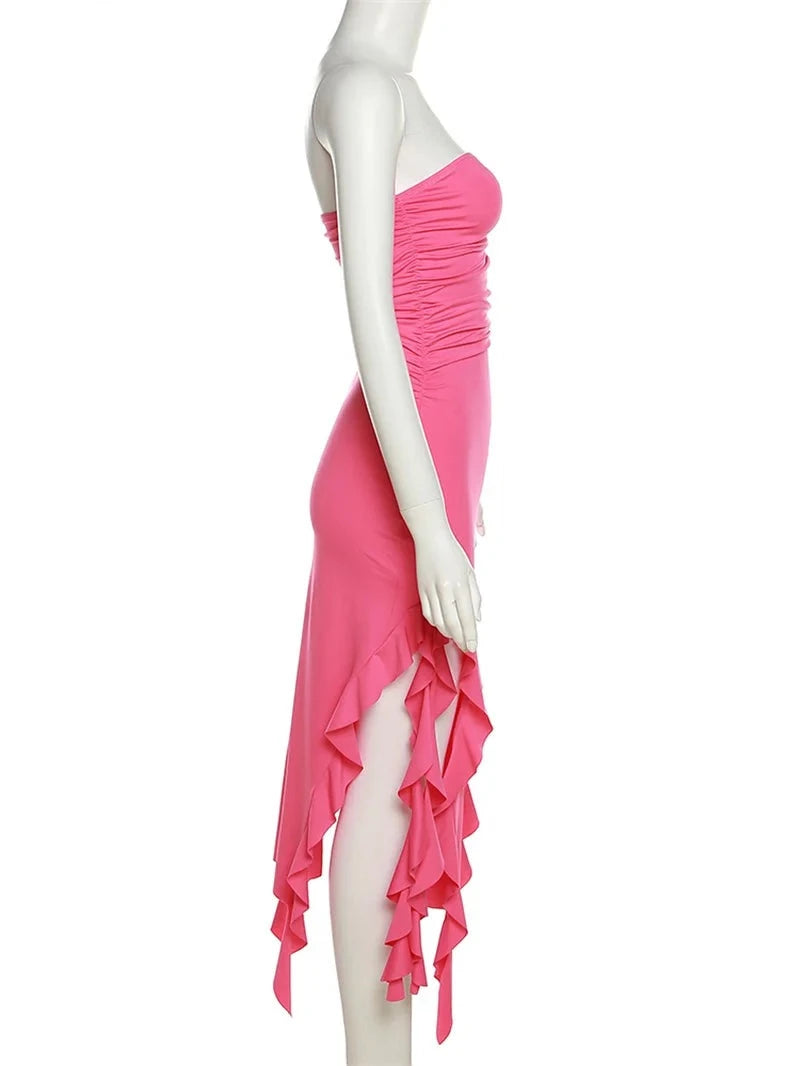 Elegant Strapless Dress Women Irregular Tassel Skinny Split Maxi Bodycon